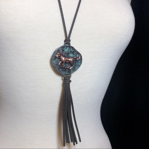 Patina Copper Horse Brown Suede Tassel Necklace - Picture 2 of 3